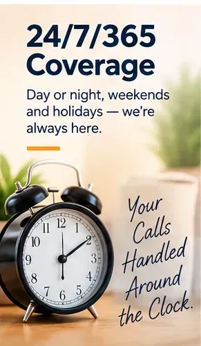 24/7/365 answering coverage for days, nights, weekends, and holidays.