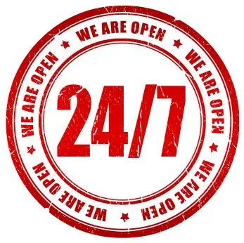 Red circular graphic reading 24/7 we are open